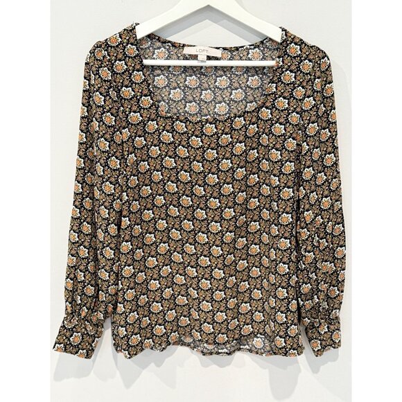 Loft Top Womens Peasant Cottageocre Floral Old Money Romantic Black Orange Sz S - Picture 1 of 11